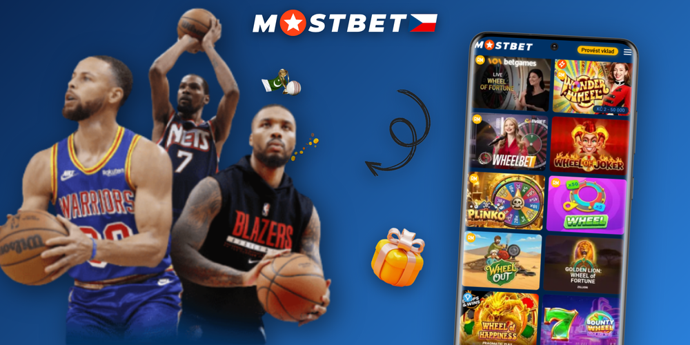 Široký banner Mostbet Kola štěstí s barevnými sektory free spinů, bonusů a jackpotu